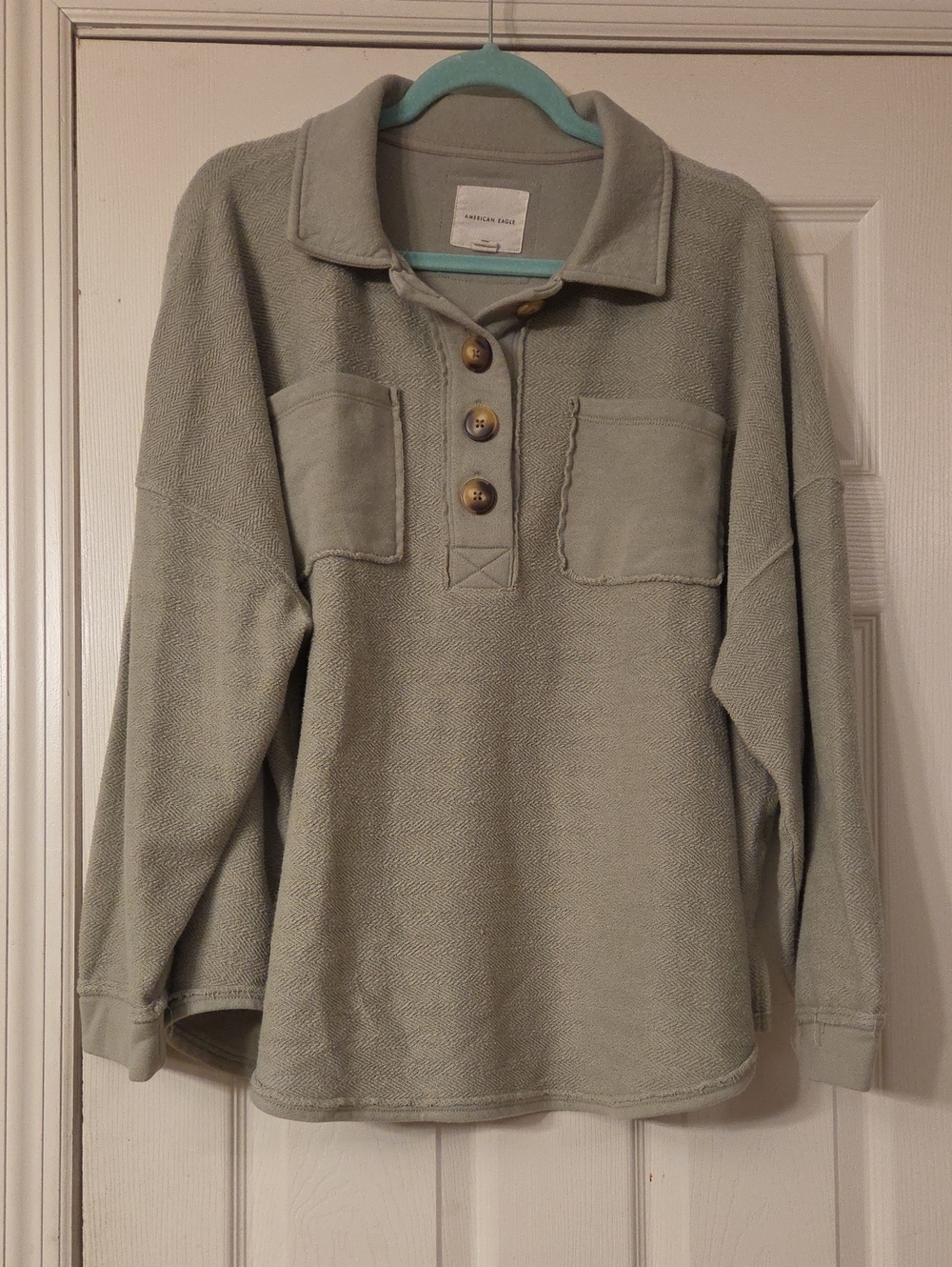 American Eagle Sage Green Button-Placket Pullover Chunky Oversized Size Medium
